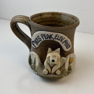 Vintage 3D Pikes Peak Elev. 14110 Souvenir Pottery Coffee Mug Wolf Colorado